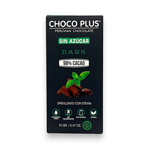 [3339] CHOCOLATE DARK 98% CON STEVIA 70G BARRA - CHOCO PLUS